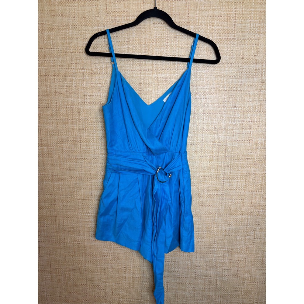 Ramy Brook‎ Blue Linen Blend V-Neck D-Ring Belted Romper Size 4